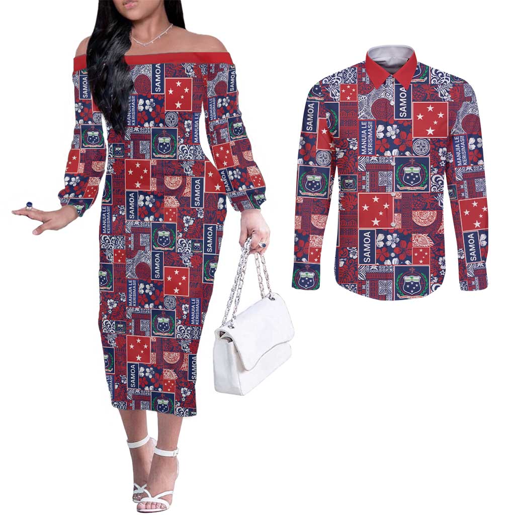 Red Samoa Manuia Le Kerisimasi Couples Matching Off The Shoulder Long Sleeve Dress and Long Sleeve Button Shirt Pacific Patchwork Xmas Vibes - Polynesian Pride