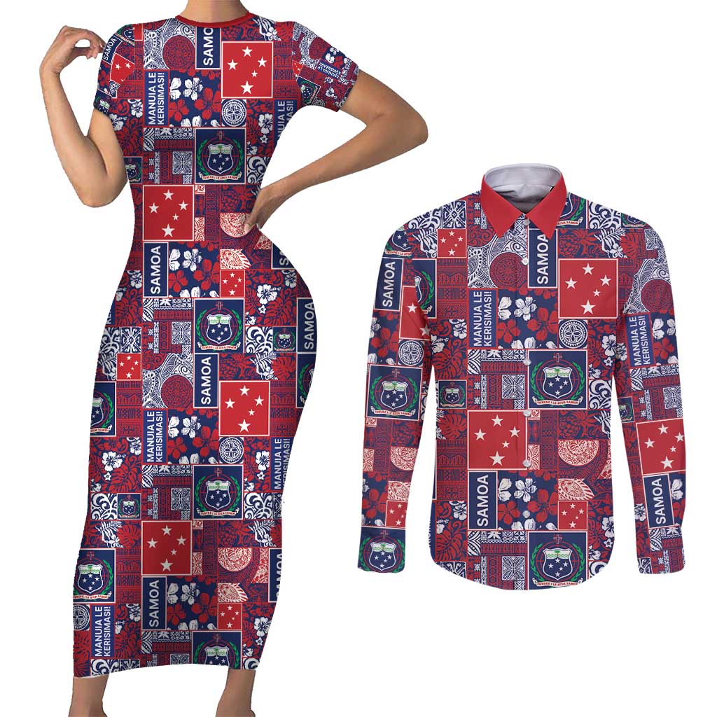 Red Samoa Manuia Le Kerisimasi Couples Matching Short Sleeve Bodycon Dress and Long Sleeve Button Shirt Pacific Patchwork Xmas Vibes - Polynesian Pride