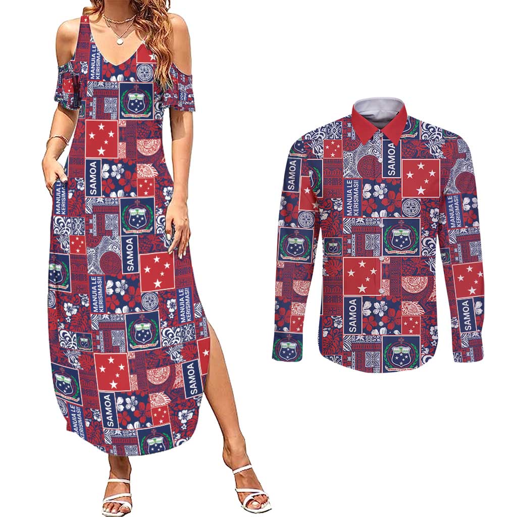 Red Samoa Manuia Le Kerisimasi Couples Matching Summer Maxi Dress and Long Sleeve Button Shirt Pacific Patchwork Xmas Vibes - Polynesian Pride