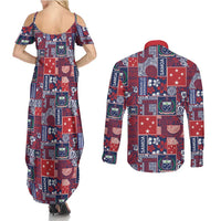 Red Samoa Manuia Le Kerisimasi Couples Matching Summer Maxi Dress and Long Sleeve Button Shirt Pacific Patchwork Xmas Vibes - Polynesian Pride