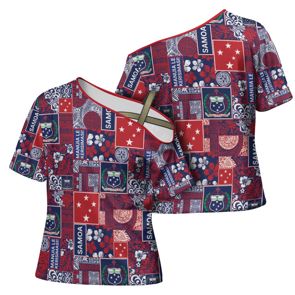 Red Samoa Manuia Le Kerisimasi Cross Shoulder Shirt Pacific Patchwork Xmas Vibes - Polynesian Pride