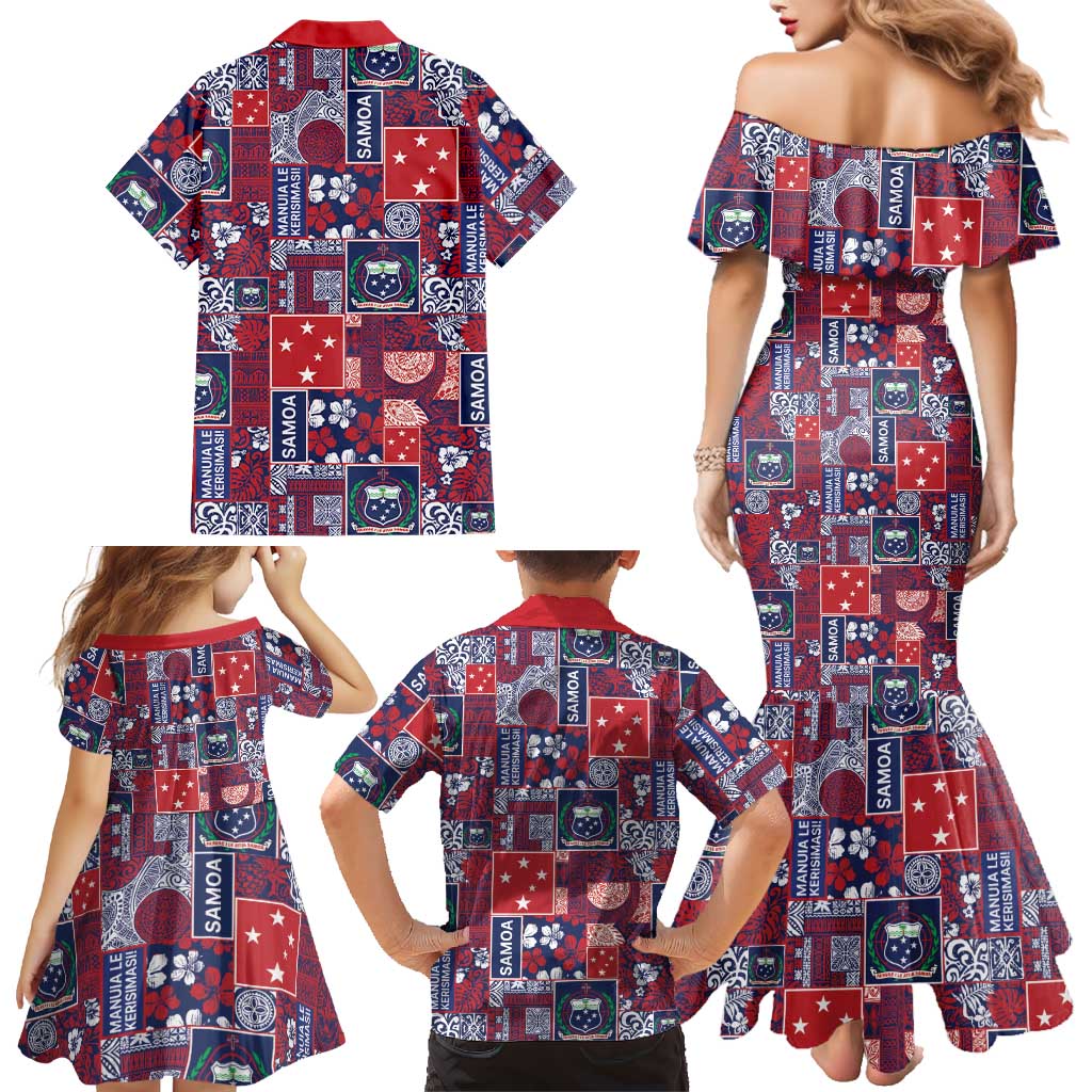 Red Samoa Manuia Le Kerisimasi Family Matching Mermaid Dress and Hawaiian Shirt Pacific Patchwork Xmas Vibes - Polynesian Pride