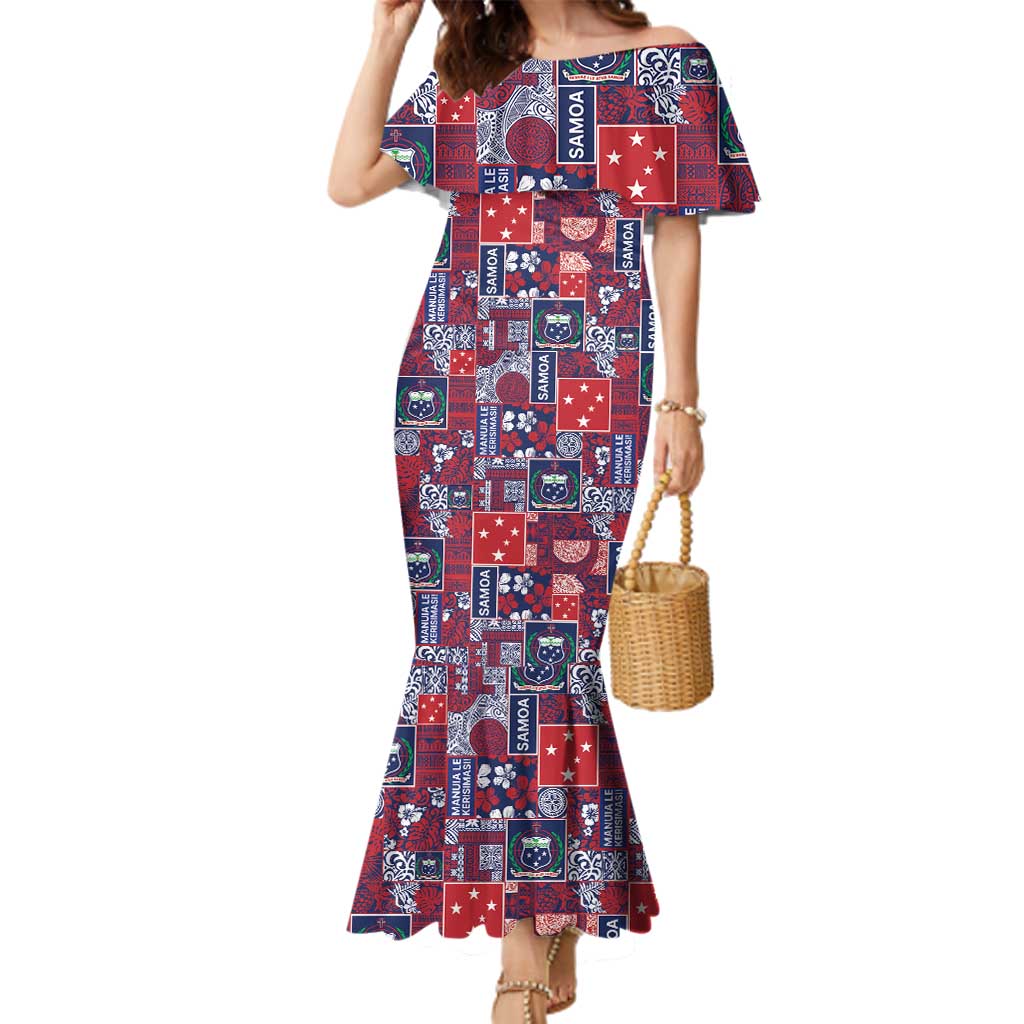 Red Samoa Manuia Le Kerisimasi Family Matching Mermaid Dress and Hawaiian Shirt Pacific Patchwork Xmas Vibes - Polynesian Pride