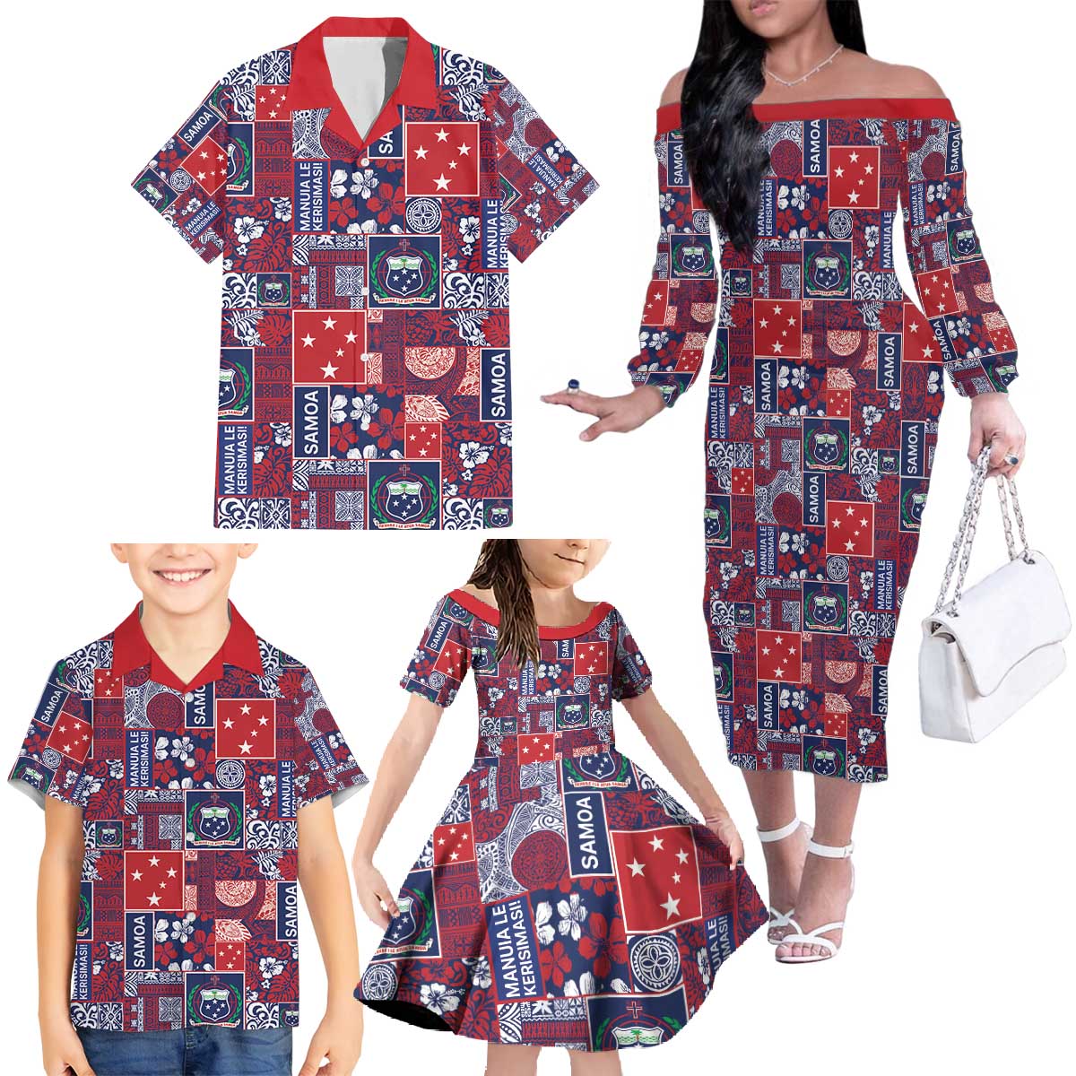 Red Samoa Manuia Le Kerisimasi Family Matching Off The Shoulder Long Sleeve Dress and Hawaiian Shirt Pacific Patchwork Xmas Vibes - Polynesian Pride