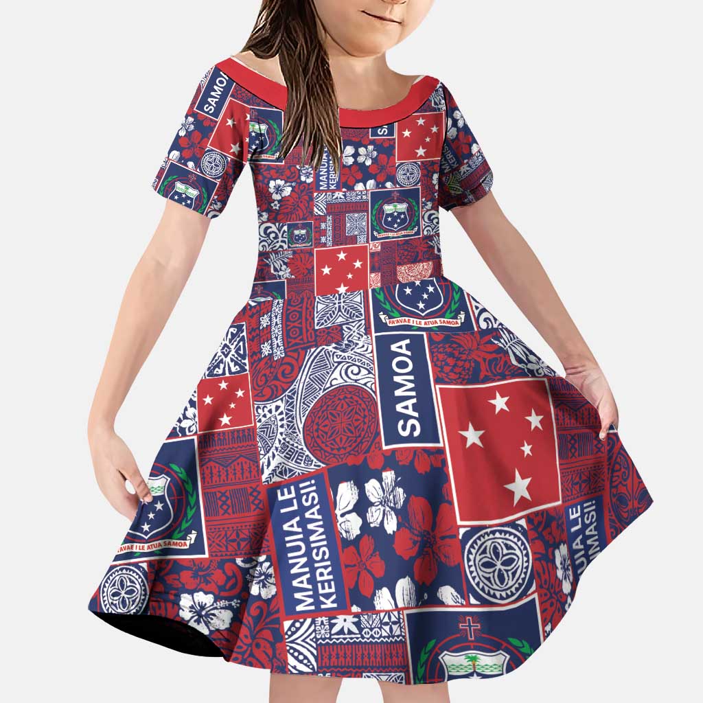 Red Samoa Manuia Le Kerisimasi Family Matching Off Shoulder Maxi Dress and Hawaiian Shirt Pacific Patchwork Xmas Vibes LT9 Daughter's Dress Red - Polynesian Pride