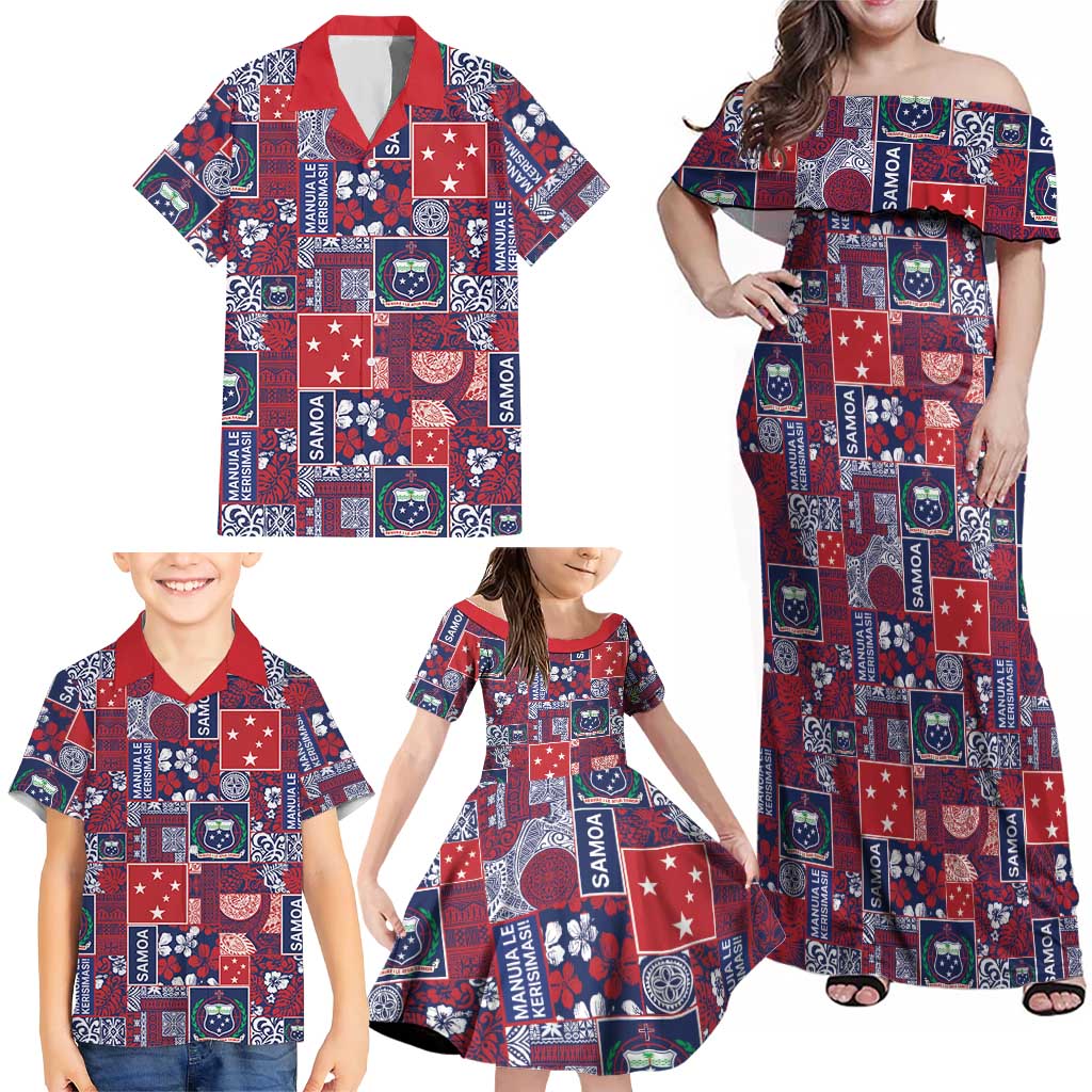 Red Samoa Manuia Le Kerisimasi Family Matching Off Shoulder Maxi Dress and Hawaiian Shirt Pacific Patchwork Xmas Vibes LT9 - Polynesian Pride