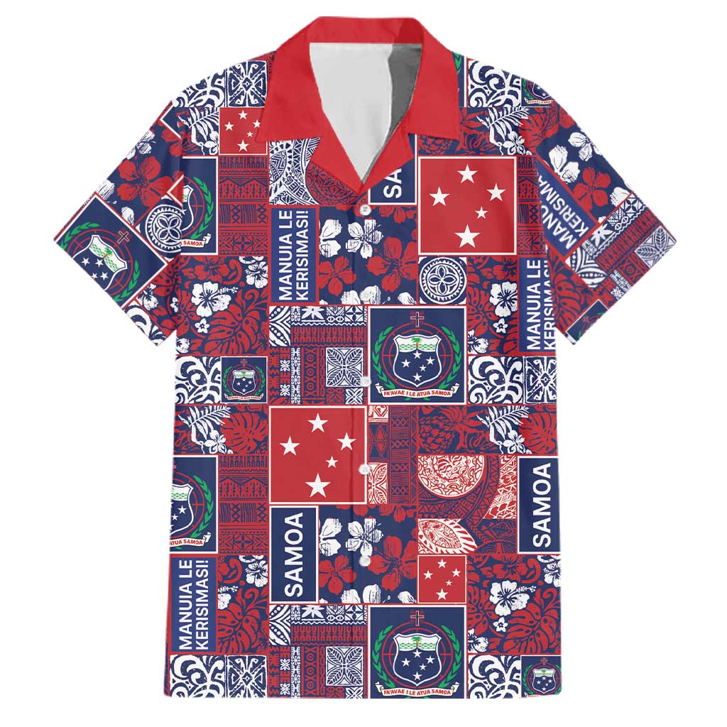Red Samoa Manuia Le Kerisimasi Family Matching Off Shoulder Maxi Dress and Hawaiian Shirt Pacific Patchwork Xmas Vibes LT9 Dad's Shirt - Short Sleeve Red - Polynesian Pride