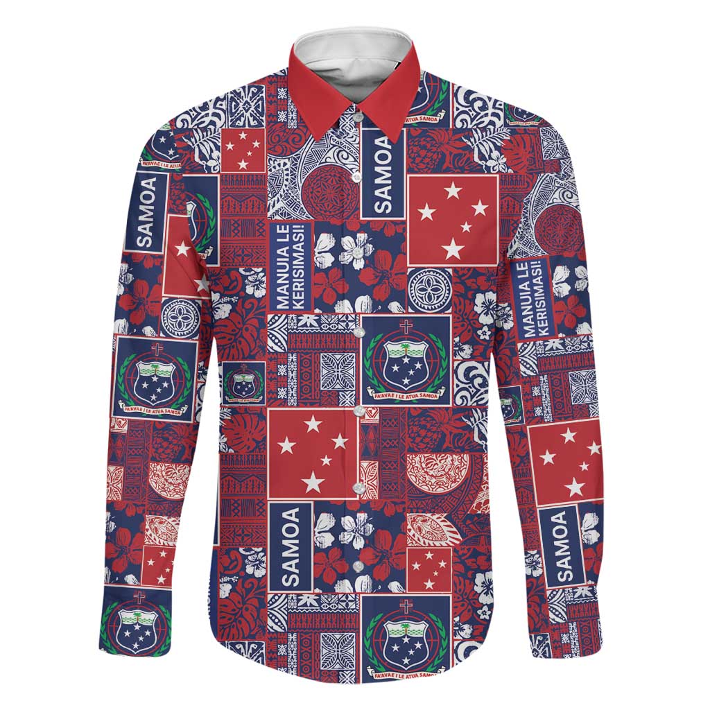 Red Samoa Manuia Le Kerisimasi Family Matching Off Shoulder Maxi Dress and Hawaiian Shirt Pacific Patchwork Xmas Vibes LT9 Dad's Shirt - Long Sleeve Red - Polynesian Pride