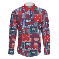 Red Samoa Manuia Le Kerisimasi Family Matching Off Shoulder Maxi Dress and Hawaiian Shirt Pacific Patchwork Xmas Vibes LT9 Dad's Shirt - Long Sleeve Red - Polynesian Pride