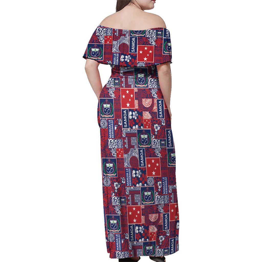 Red Samoa Manuia Le Kerisimasi Family Matching Off Shoulder Maxi Dress and Hawaiian Shirt Pacific Patchwork Xmas Vibes LT9 - Polynesian Pride