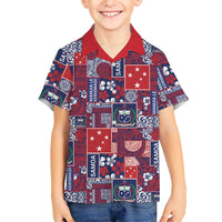 Red Samoa Manuia Le Kerisimasi Family Matching Off Shoulder Maxi Dress and Hawaiian Shirt Pacific Patchwork Xmas Vibes LT9 Son's Shirt Red - Polynesian Pride