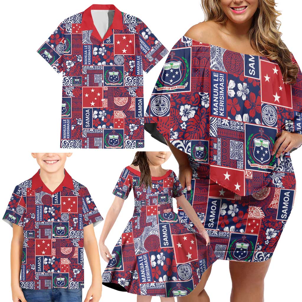 Red Samoa Manuia Le Kerisimasi Family Matching Off Shoulder Short Dress and Hawaiian Shirt Pacific Patchwork Xmas Vibes LT9 - Polynesian Pride