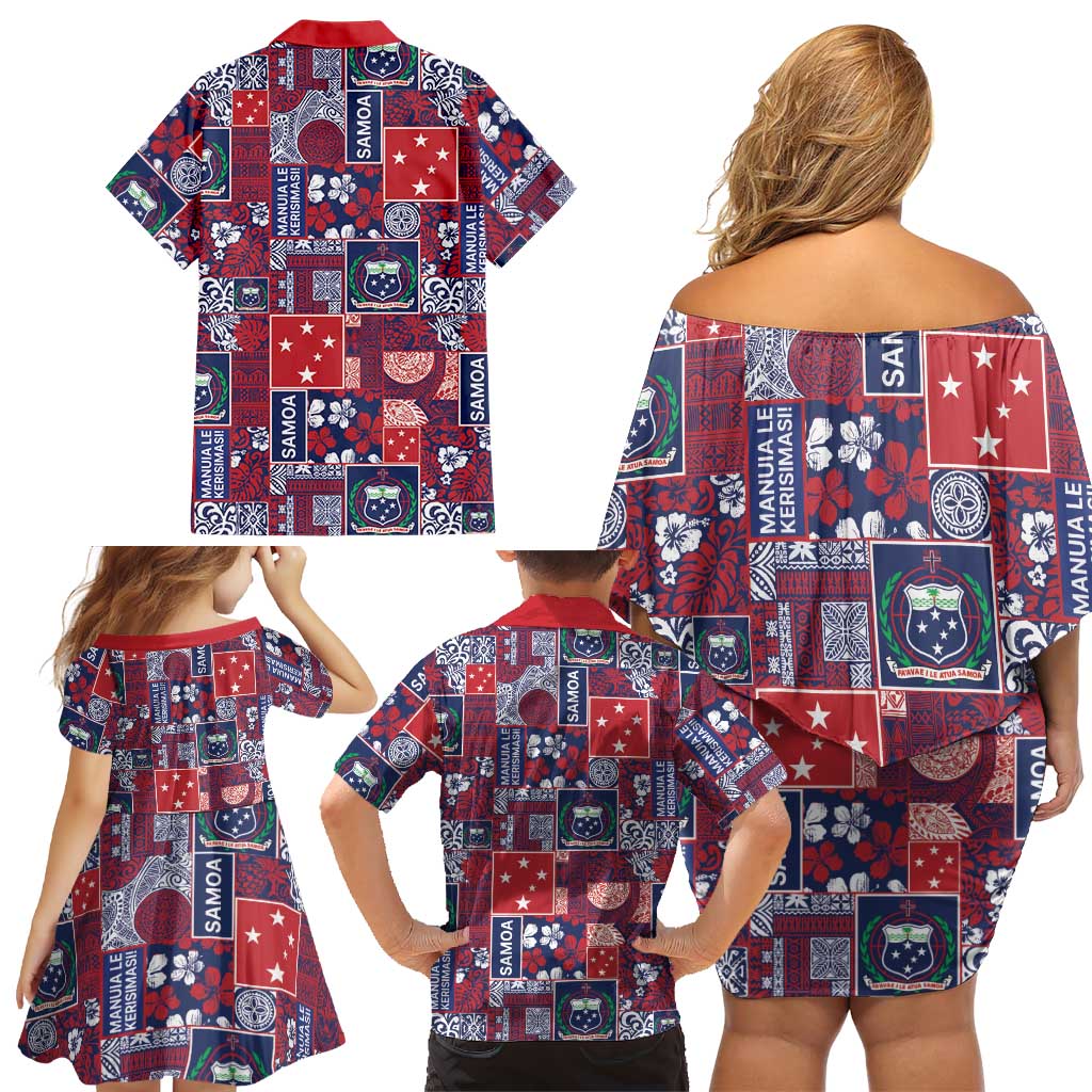 Red Samoa Manuia Le Kerisimasi Family Matching Off Shoulder Short Dress and Hawaiian Shirt Pacific Patchwork Xmas Vibes LT9 - Polynesian Pride