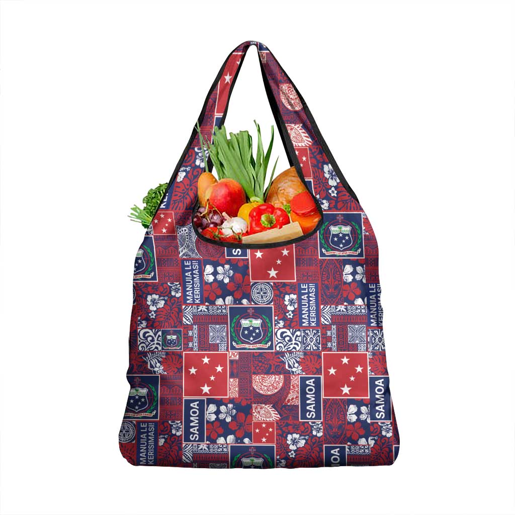 Red Samoa Manuia Le Kerisimasi Grocery Bag Pacific Patchwork Xmas Vibes - Polynesian Pride