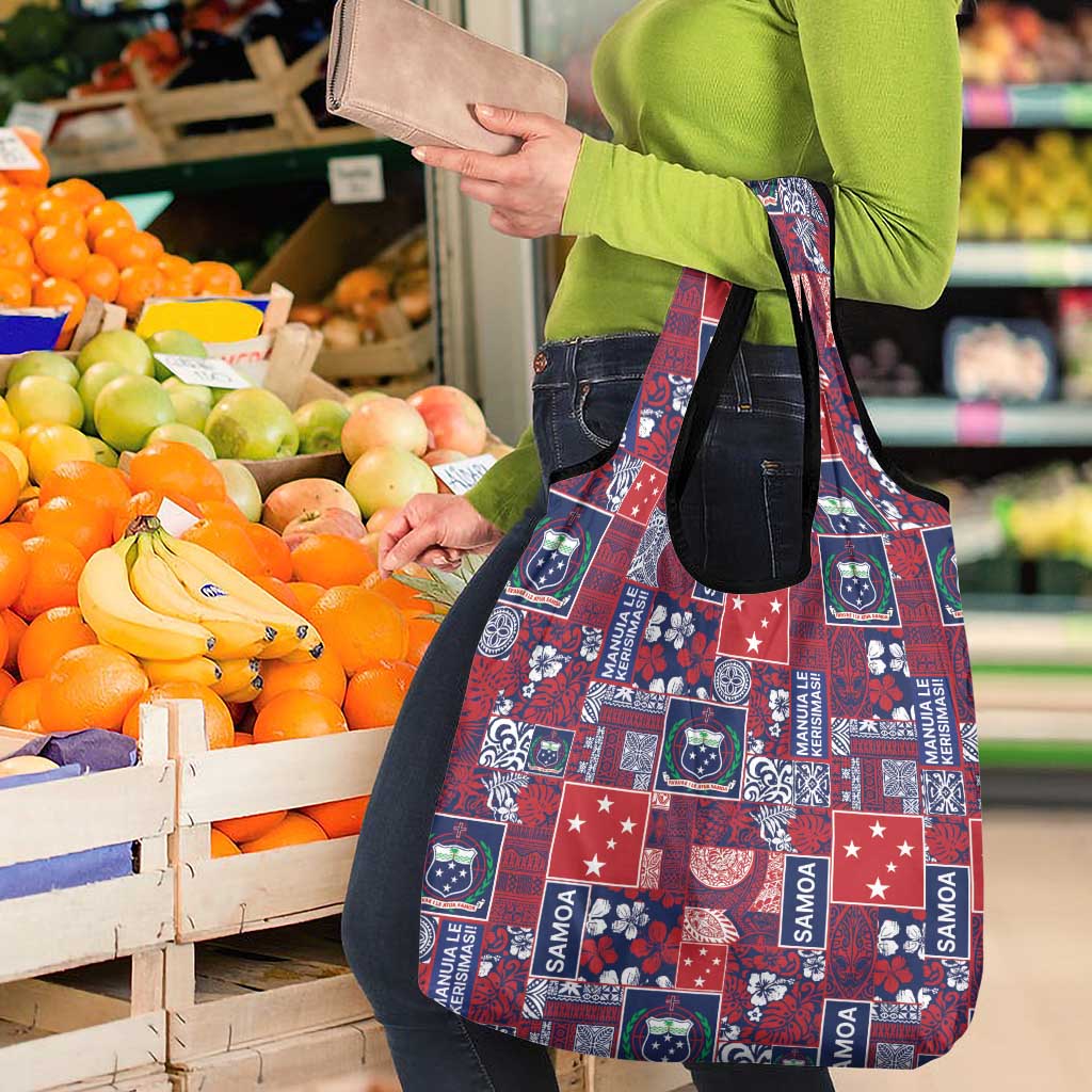 Red Samoa Manuia Le Kerisimasi Grocery Bag Pacific Patchwork Xmas Vibes LT9 - Polynesian Pride