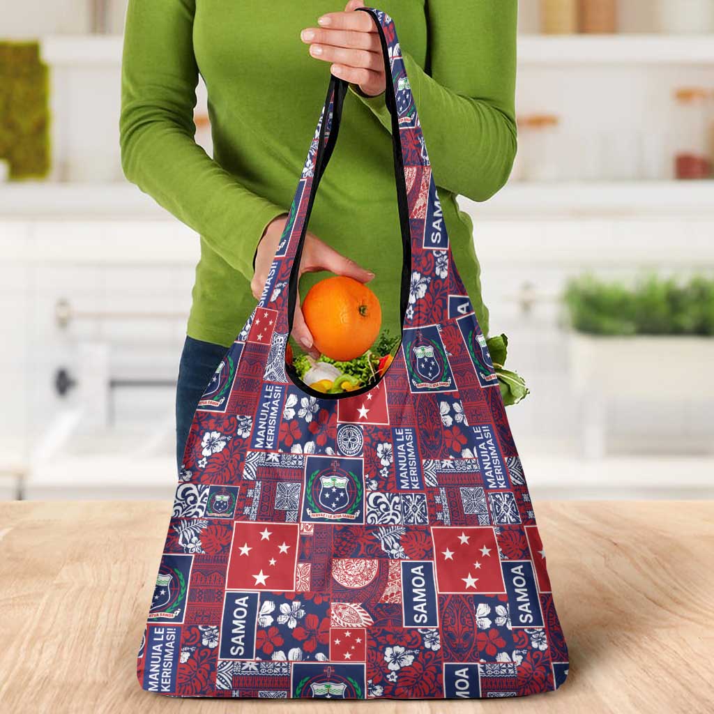 Red Samoa Manuia Le Kerisimasi Grocery Bag Pacific Patchwork Xmas Vibes LT9 - Polynesian Pride
