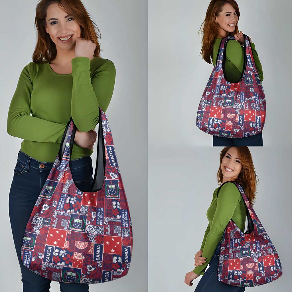 Red Samoa Manuia Le Kerisimasi Grocery Bag Pacific Patchwork Xmas Vibes LT9 - Polynesian Pride
