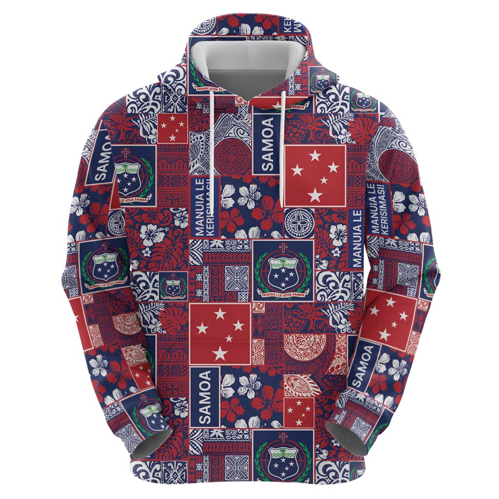 Red Samoa Manuia Le Kerisimasi Hoodie Pacific Patchwork Xmas Vibes - Polynesian Pride
