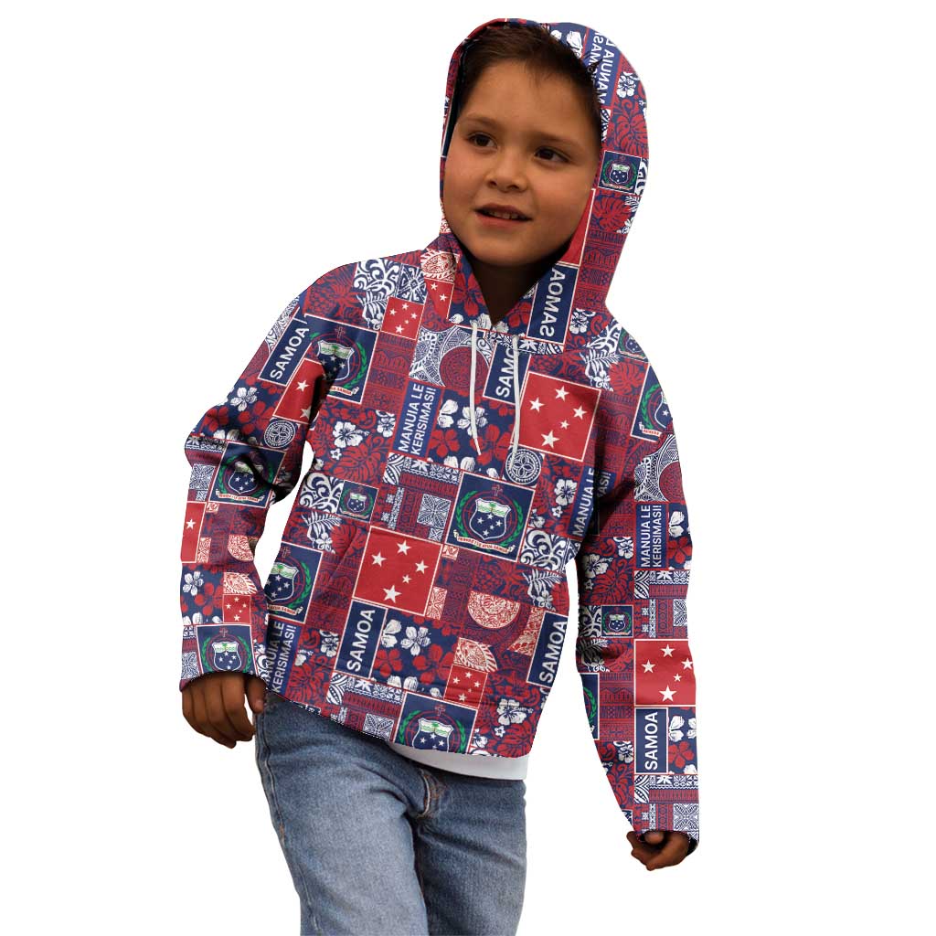 Red Samoa Manuia Le Kerisimasi Kid Hoodie Pacific Patchwork Xmas Vibes - Polynesian Pride