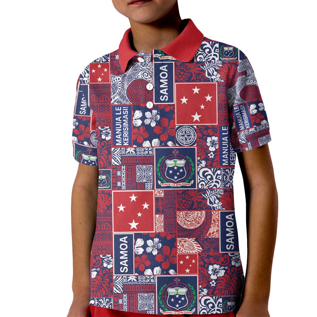 Red Samoa Manuia Le Kerisimasi Kid Polo Shirt Pacific Patchwork Xmas Vibes - Polynesian Pride