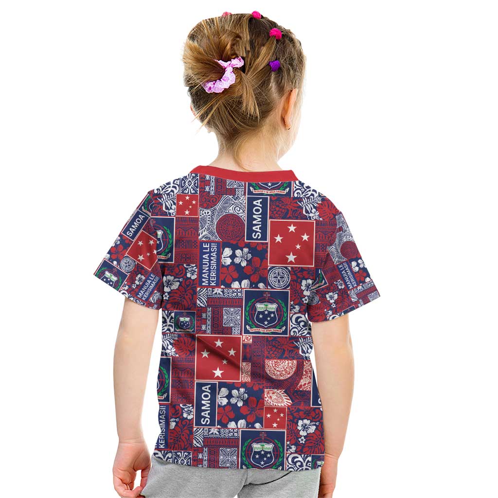 Red Samoa Manuia Le Kerisimasi Kid T Shirt Pacific Patchwork Xmas Vibes - Polynesian Pride