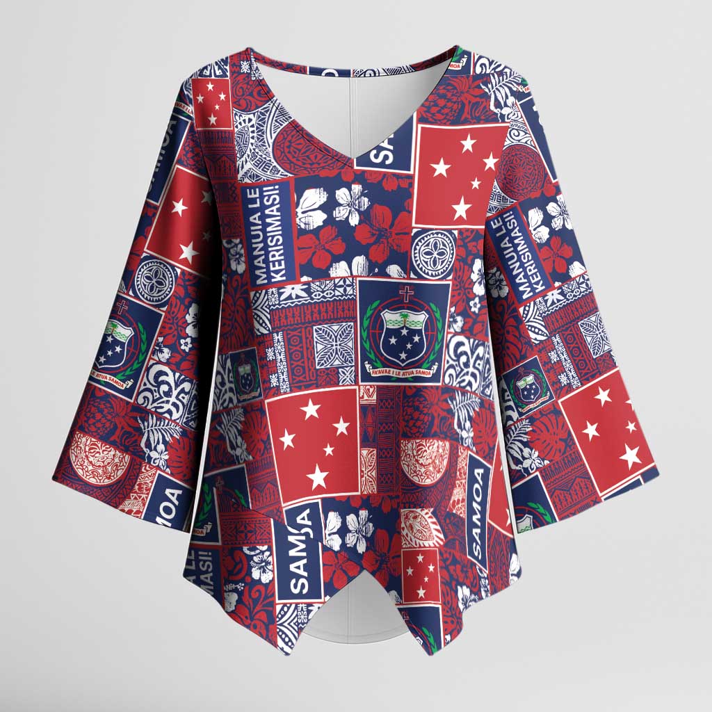 Red Samoa Manuia Le Kerisimasi Kimono Sleeve Blouse Pacific Patchwork Xmas Vibes - Polynesian Pride