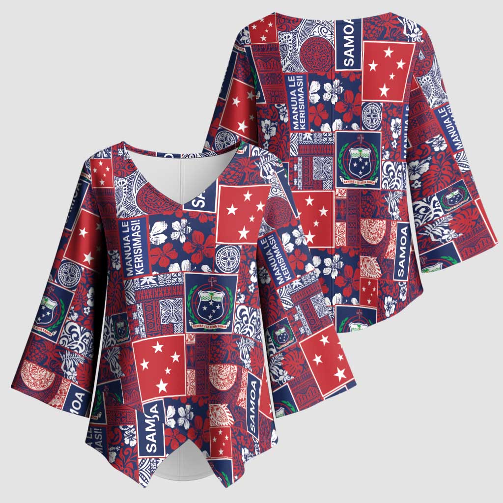 Red Samoa Manuia Le Kerisimasi Kimono Sleeve Blouse Pacific Patchwork Xmas Vibes - Polynesian Pride