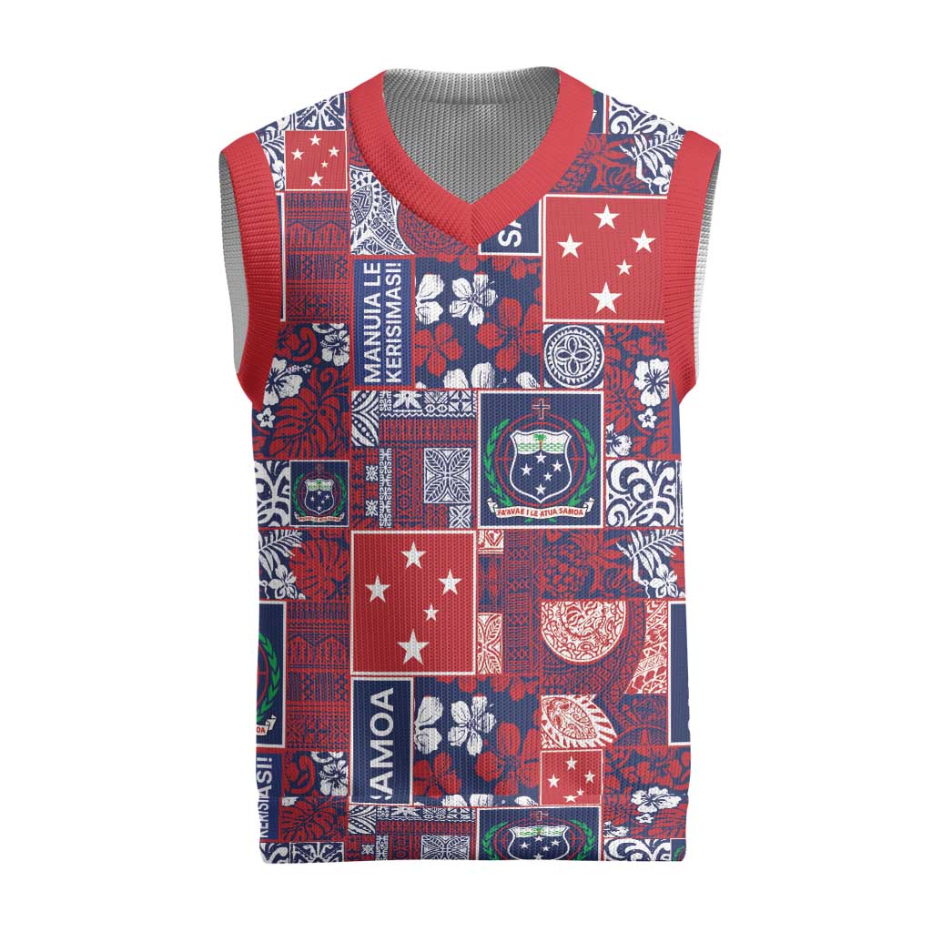 Red Samoa Manuia Le Kerisimasi Christmas Knitted V-Neck Vest Pacific Patchwork Xmas Vibes - Polynesian Pride