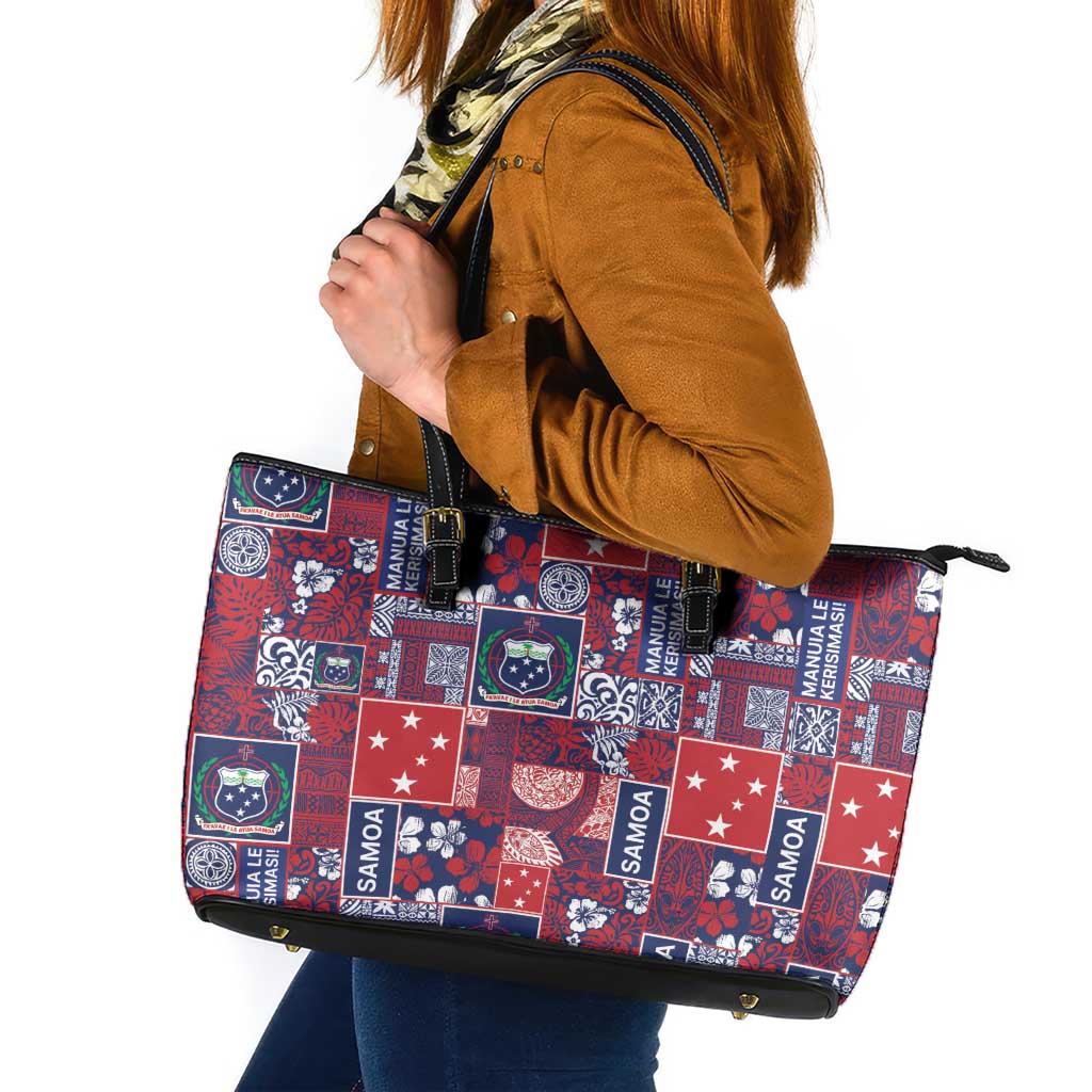 Red Samoa Manuia Le Kerisimasi Leather Tote Bag Pacific Patchwork Xmas Vibes LT9 Red - Polynesian Pride