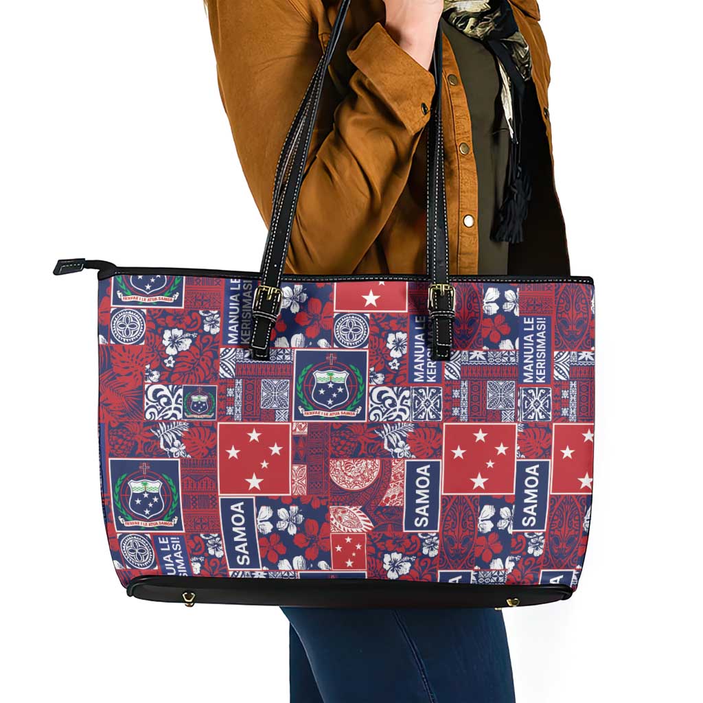 Red Samoa Manuia Le Kerisimasi Leather Tote Bag Pacific Patchwork Xmas Vibes LT9 - Polynesian Pride