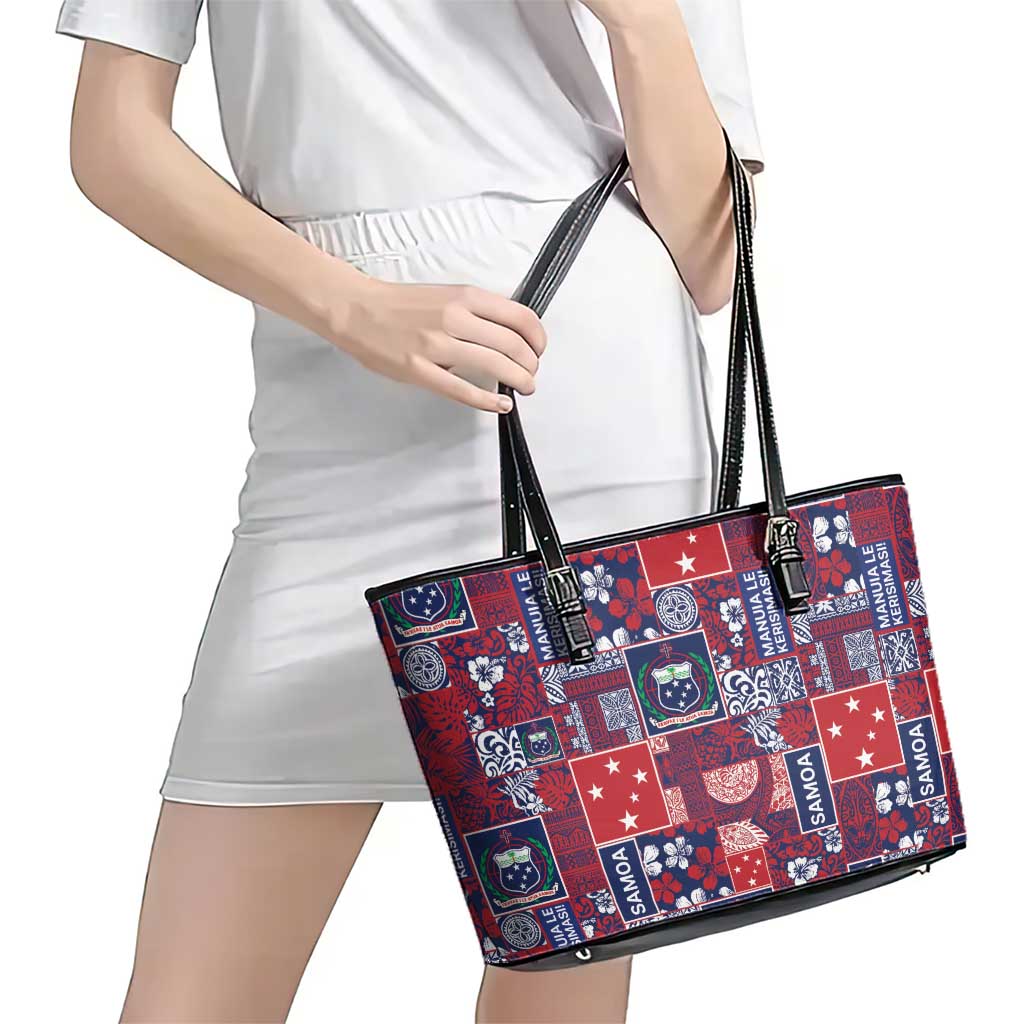 Red Samoa Manuia Le Kerisimasi Leather Tote Bag Pacific Patchwork Xmas Vibes LT9 - Polynesian Pride