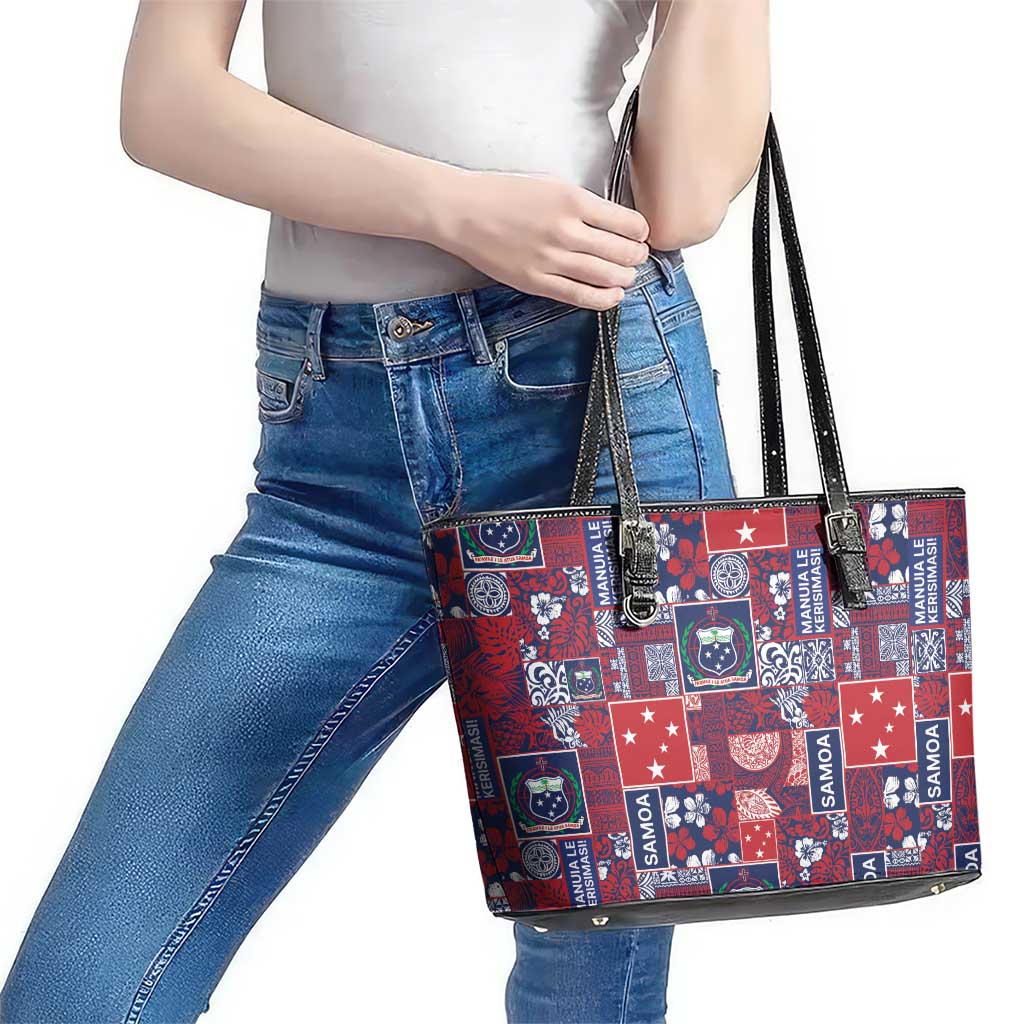 Red Samoa Manuia Le Kerisimasi Leather Tote Bag Pacific Patchwork Xmas Vibes LT9 - Polynesian Pride