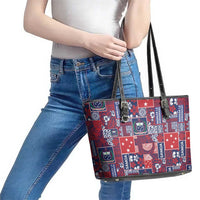 Red Samoa Manuia Le Kerisimasi Leather Tote Bag Pacific Patchwork Xmas Vibes LT9 - Polynesian Pride