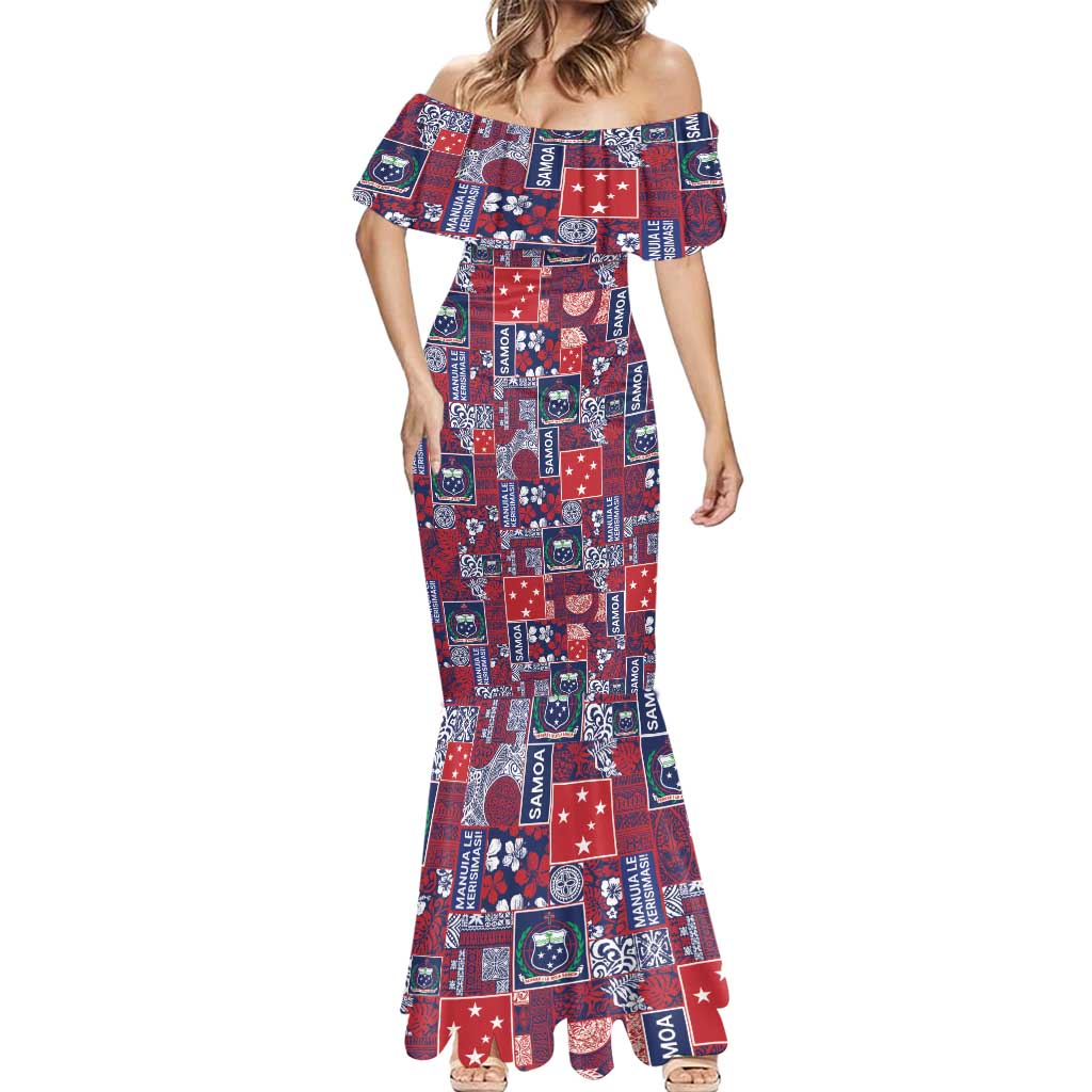 Red Samoa Manuia Le Kerisimasi Mermaid Dress Pacific Patchwork Xmas Vibes - Polynesian Pride