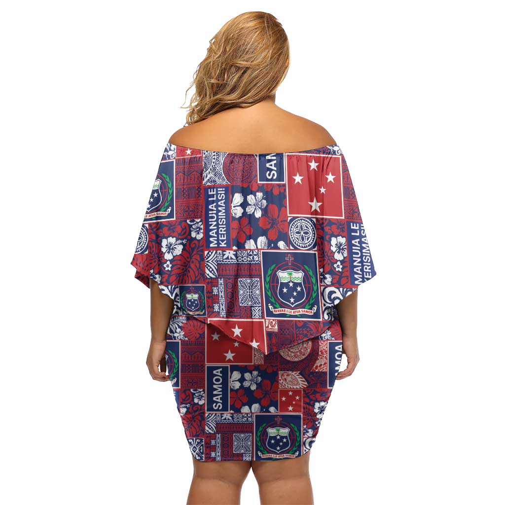 Red Samoa Manuia Le Kerisimasi Off Shoulder Short Dress Pacific Patchwork Xmas Vibes - Polynesian Pride