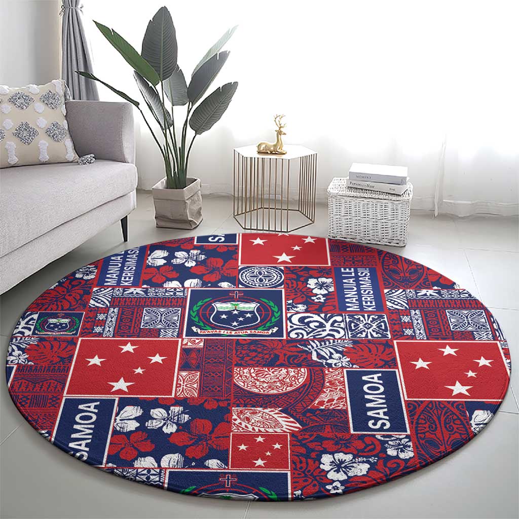 Red Samoa Manuia Le Kerisimasi Round Carpet Pacific Patchwork Xmas Vibes LT9 - Polynesian Pride