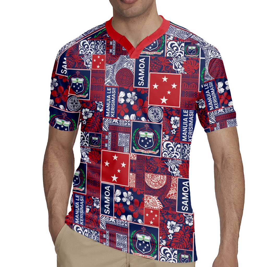 Red Samoa Manuia Le Kerisimasi Rugby Jersey Pacific Patchwork Xmas Vibes LT9 - Polynesian Pride