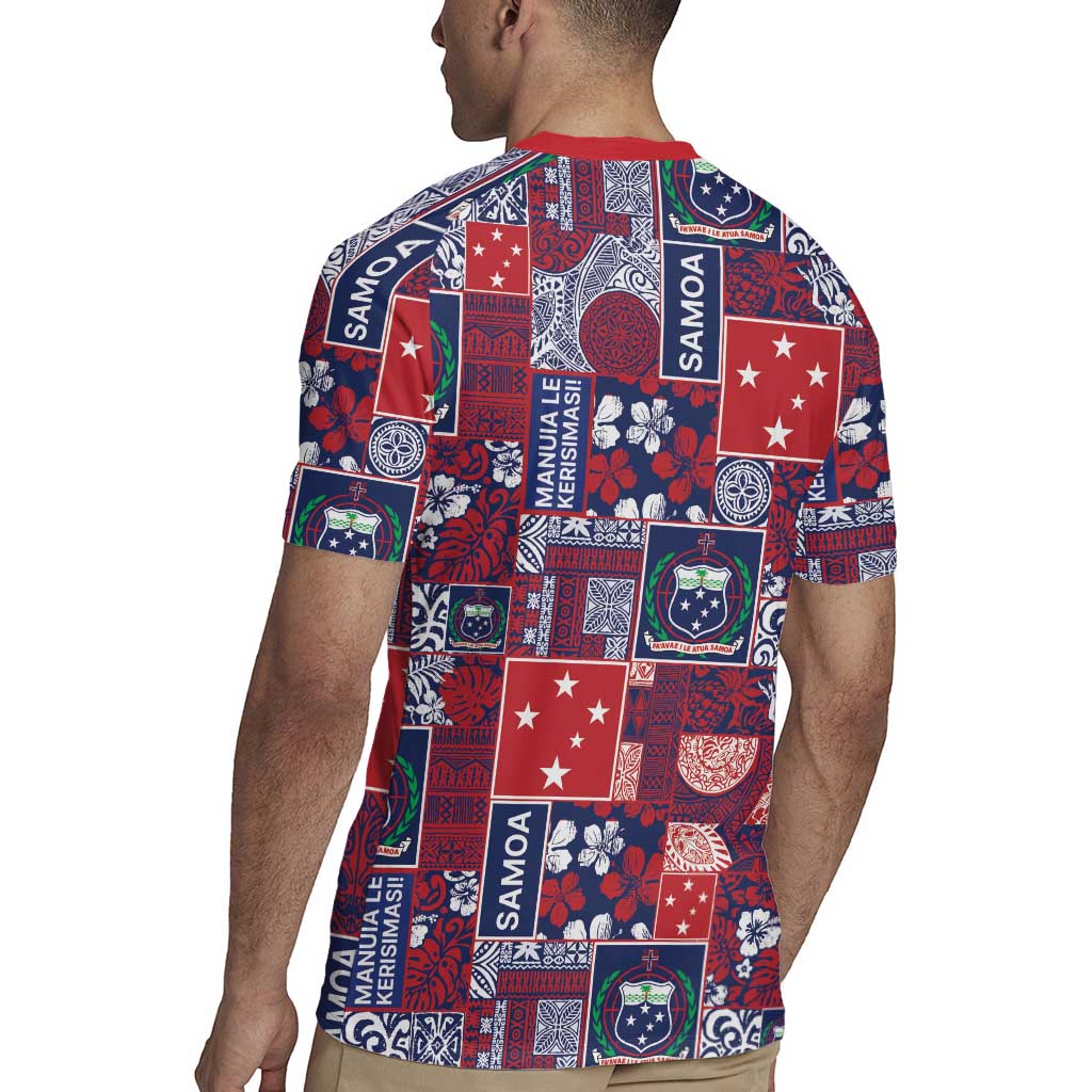 Red Samoa Manuia Le Kerisimasi Rugby Jersey Pacific Patchwork Xmas Vibes LT9 - Polynesian Pride