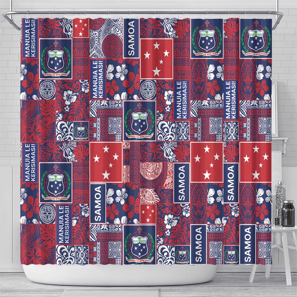 Red Samoa Manuia Le Kerisimasi Shower Curtain Pacific Patchwork Xmas Vibes LT9 - Polynesian Pride