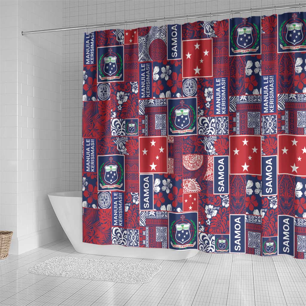 Red Samoa Manuia Le Kerisimasi Shower Curtain Pacific Patchwork Xmas Vibes LT9 - Polynesian Pride