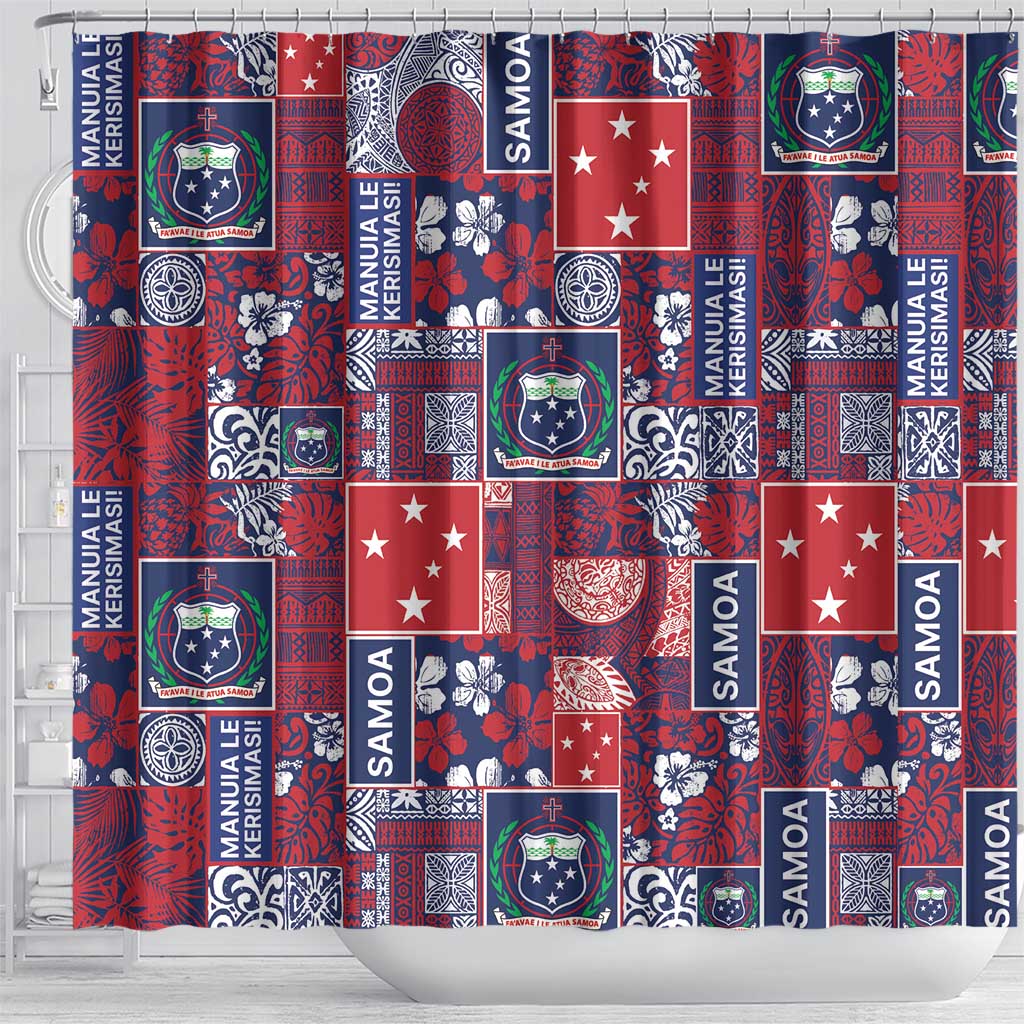 Red Samoa Manuia Le Kerisimasi Shower Curtain Pacific Patchwork Xmas Vibes LT9 - Polynesian Pride