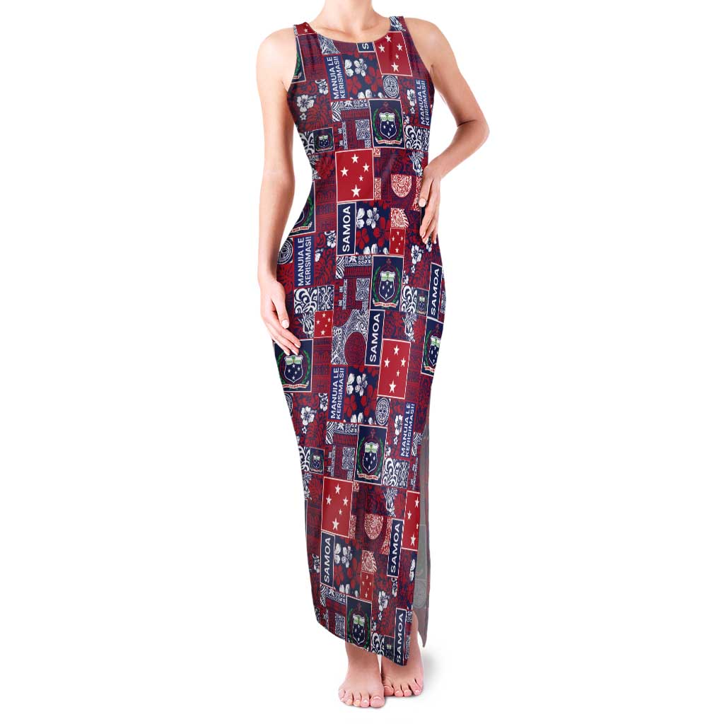 Red Samoa Manuia Le Kerisimasi Tank Maxi Dress Pacific Patchwork Xmas Vibes - Polynesian Pride