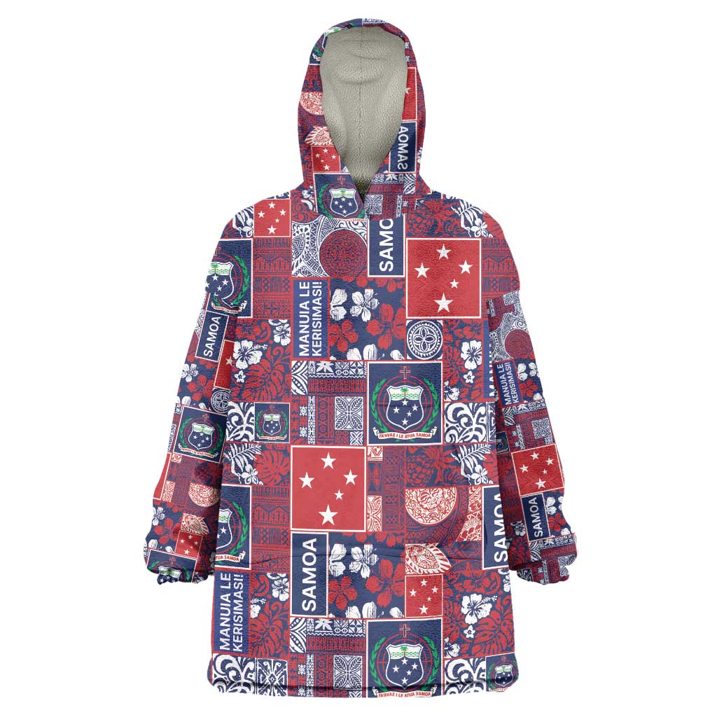 Red Samoa Manuia Le Kerisimasi Wearable Blanket Hoodie Pacific Patchwork Xmas Vibes - Polynesian Pride