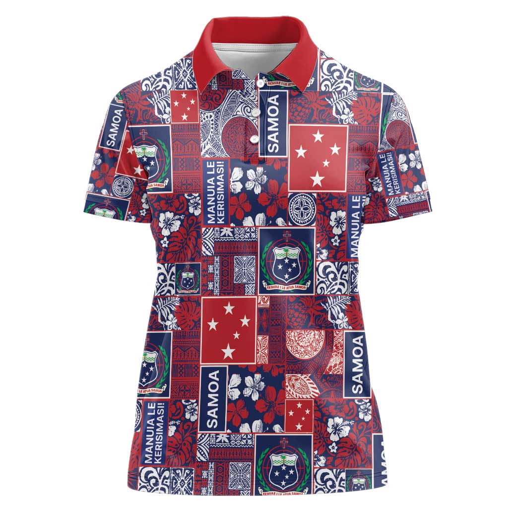 Red Samoa Manuia Le Kerisimasi Women Polo Shirt Pacific Patchwork Xmas Vibes - Polynesian Pride