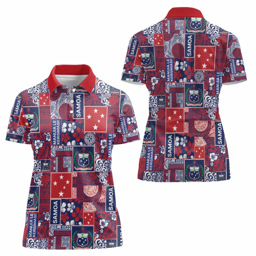 Red Samoa Manuia Le Kerisimasi Women Polo Shirt Pacific Patchwork Xmas Vibes - Polynesian Pride