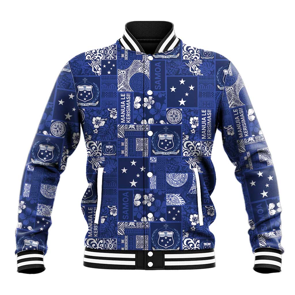 Blue Samoa Manuia Le Kerisimasi Baseball Jacket Pacific Patchwork Xmas Vibes - Polynesian Pride
