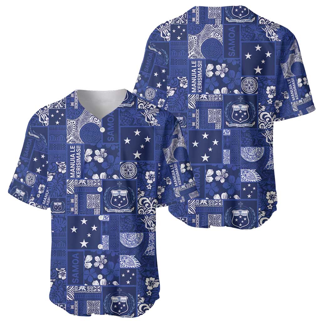 Blue Samoa Manuia Le Kerisimasi Baseball Jersey Pacific Patchwork Xmas Vibes - Polynesian Pride