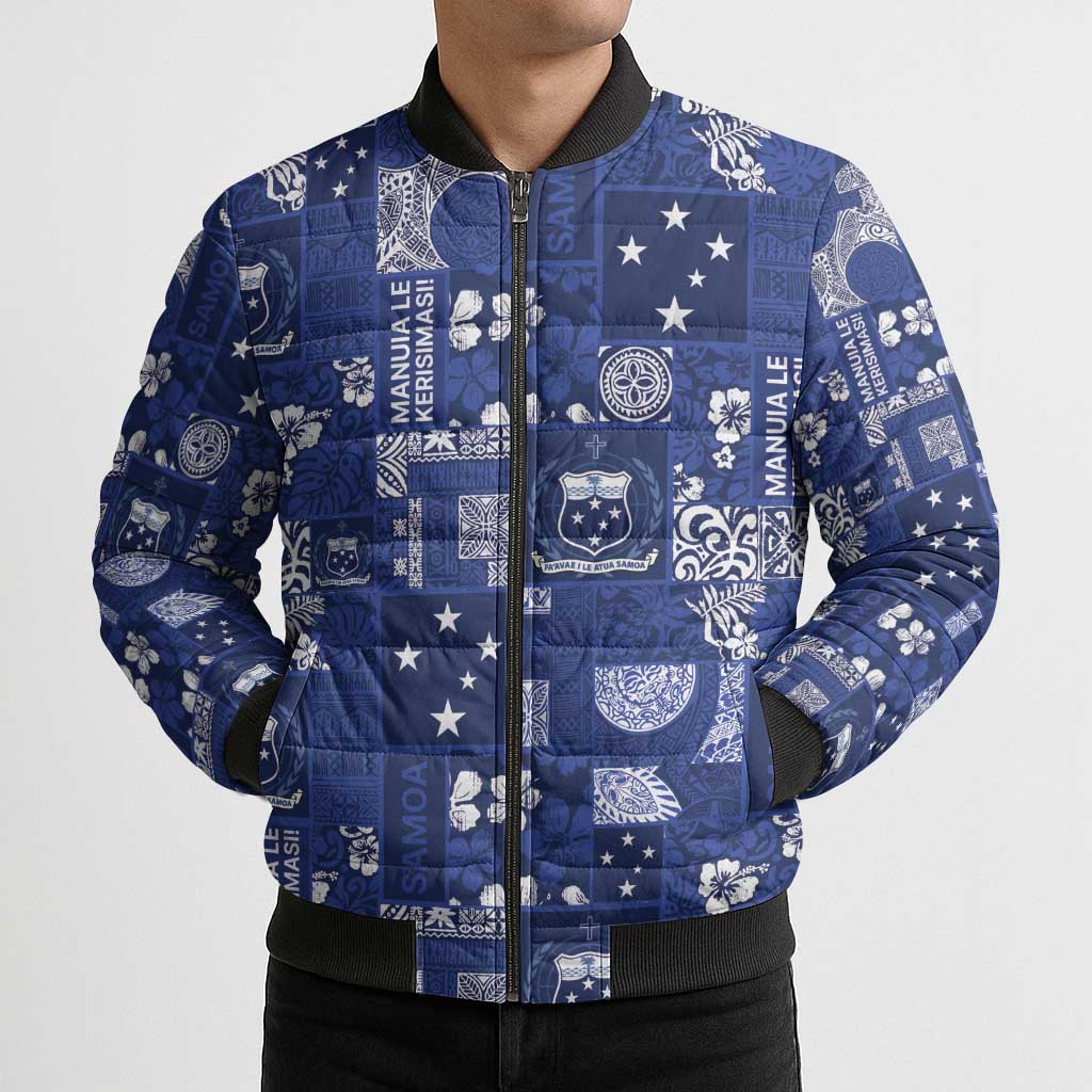 Blue Samoa Manuia Le Kerisimasi Bomber Puffer Jacket Pacific Patchwork Xmas Vibes - Polynesian Pride