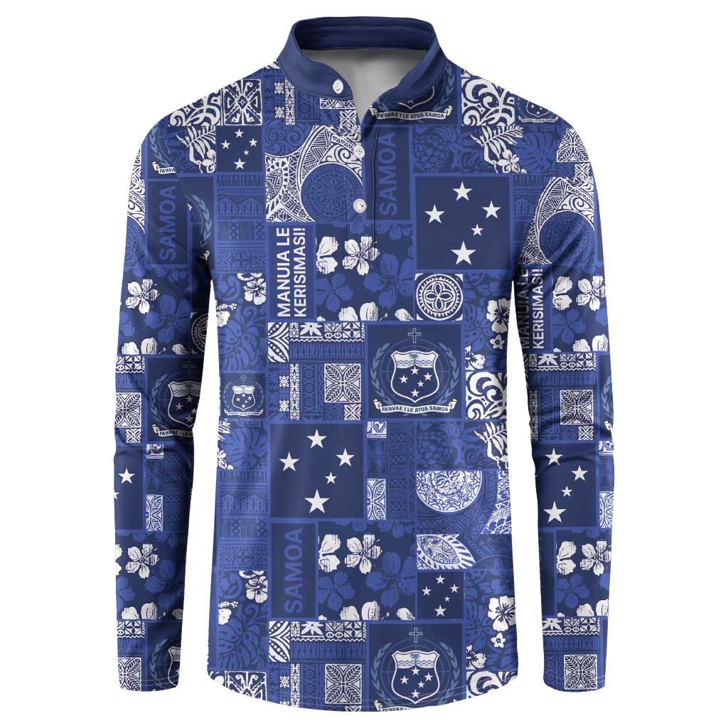Blue Samoa Manuia Le Kerisimasi Button Sweatshirt Pacific Patchwork Xmas Vibes - Polynesian Pride