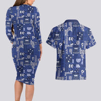 Blue Samoa Manuia Le Kerisimasi Couples Matching Long Sleeve Bodycon Dress and Hawaiian Shirt Pacific Patchwork Xmas Vibes - Polynesian Pride